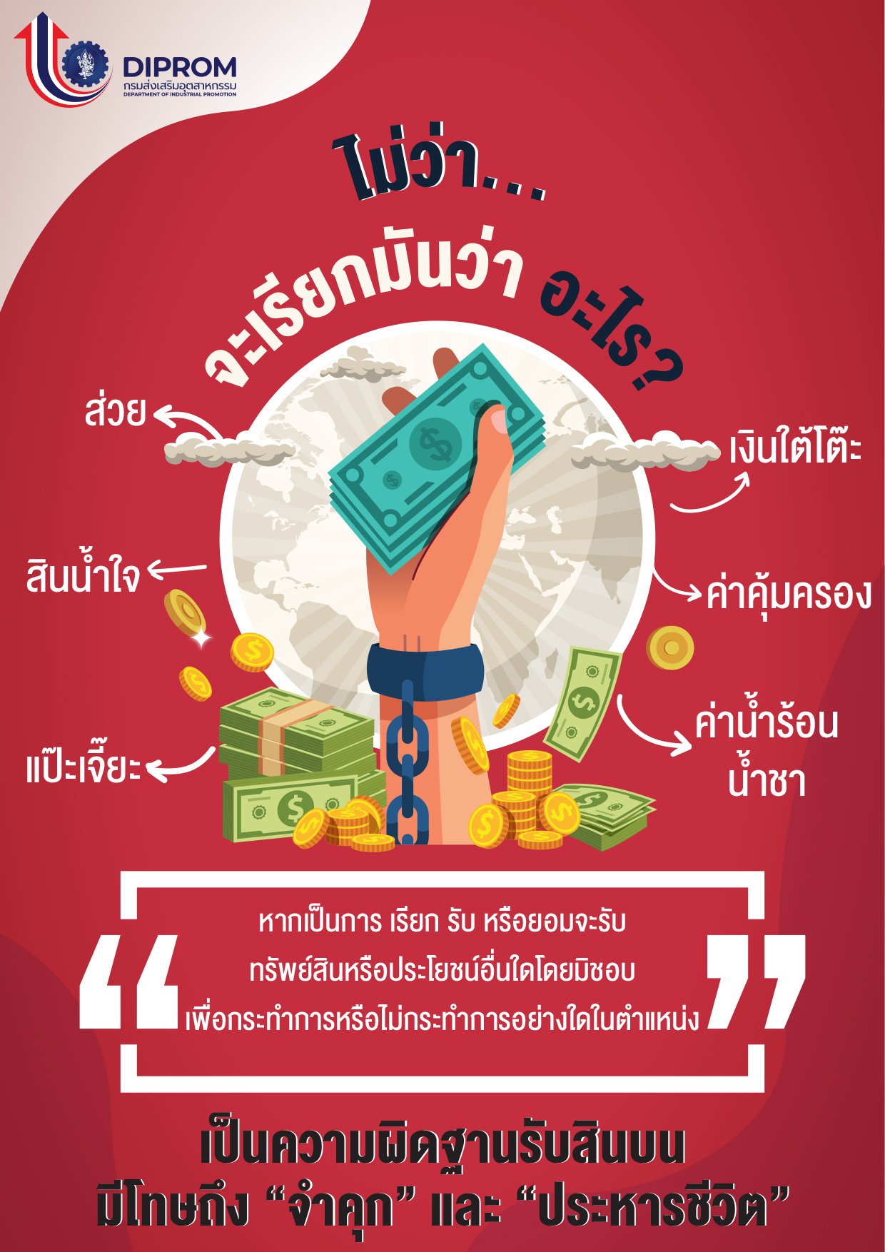 ส่งเสริมสนับสนุน สื่อรณรงค์ เป็นการปลูกฝังค่านิยมการต่อต้านการทุจริตและสร้างจิตสำนึกอันดีงามในด้านคุณธรรม จริยธรรม ให้กับเจ้าหน้าที่ กสอ.